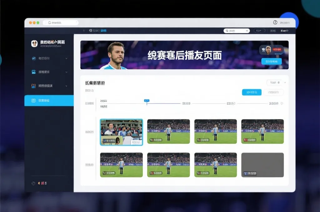 比赛结束后，电视屏幕展示集锦回放页面，旁边有时间轴和多角度切换提示